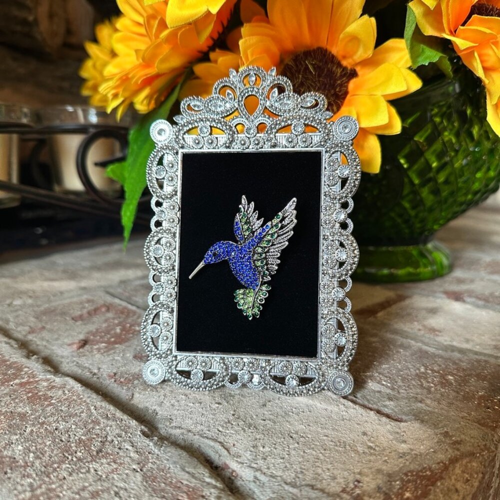 Framed Jewelry Silver Tone Blue and Green Rhinestones Hummingbird Brooch/Pin